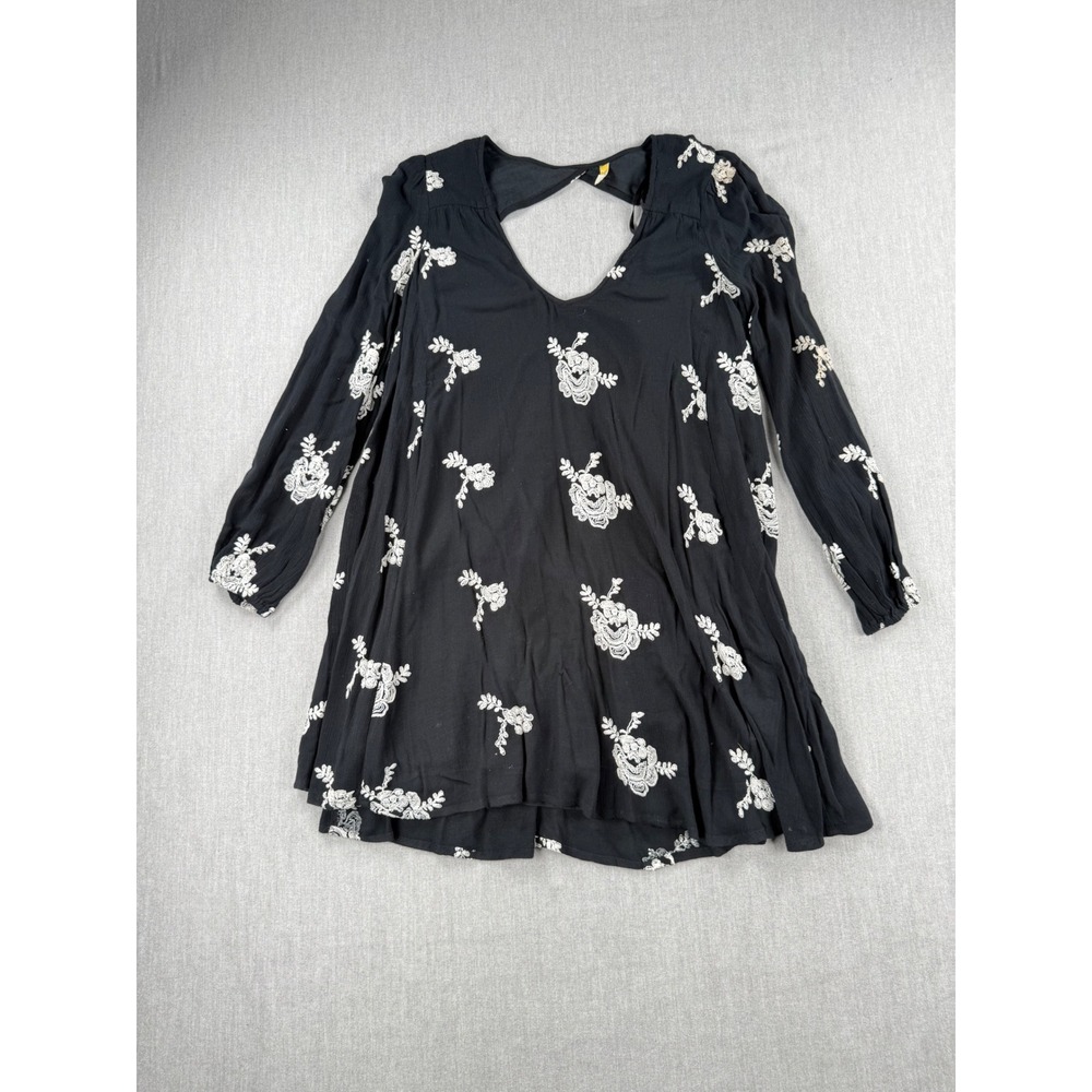 Free People Black Floral Embroidered Open Back Babydoll Mini Dress Womens Medium